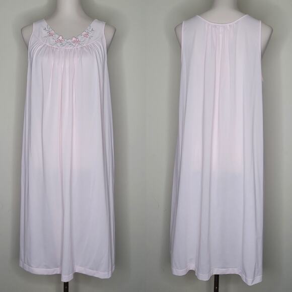Vtg Sz M Shadowline Pink Sleeveless Chemise Nightgown Floral‎ Embroidered Neck - Picture 1 of 7